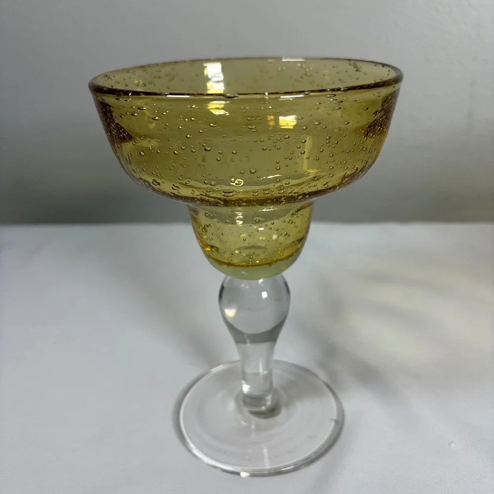 Amber Seeded Glass Margarita Glasses Set of 3 Hand Blown‎ Clear Stem 7 Inch